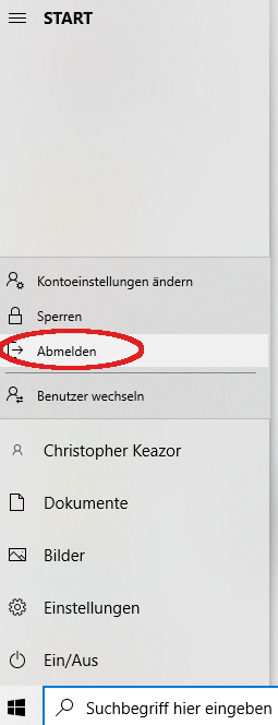 Abmelden über das Startmenü